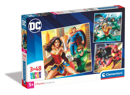 Clementoni 25296 Dc Comics Justice League Supercolor League-3x48 Pieces (3 Included), Jigsaw Kids Age 5, Puzzle Cartoon, Made in Italy