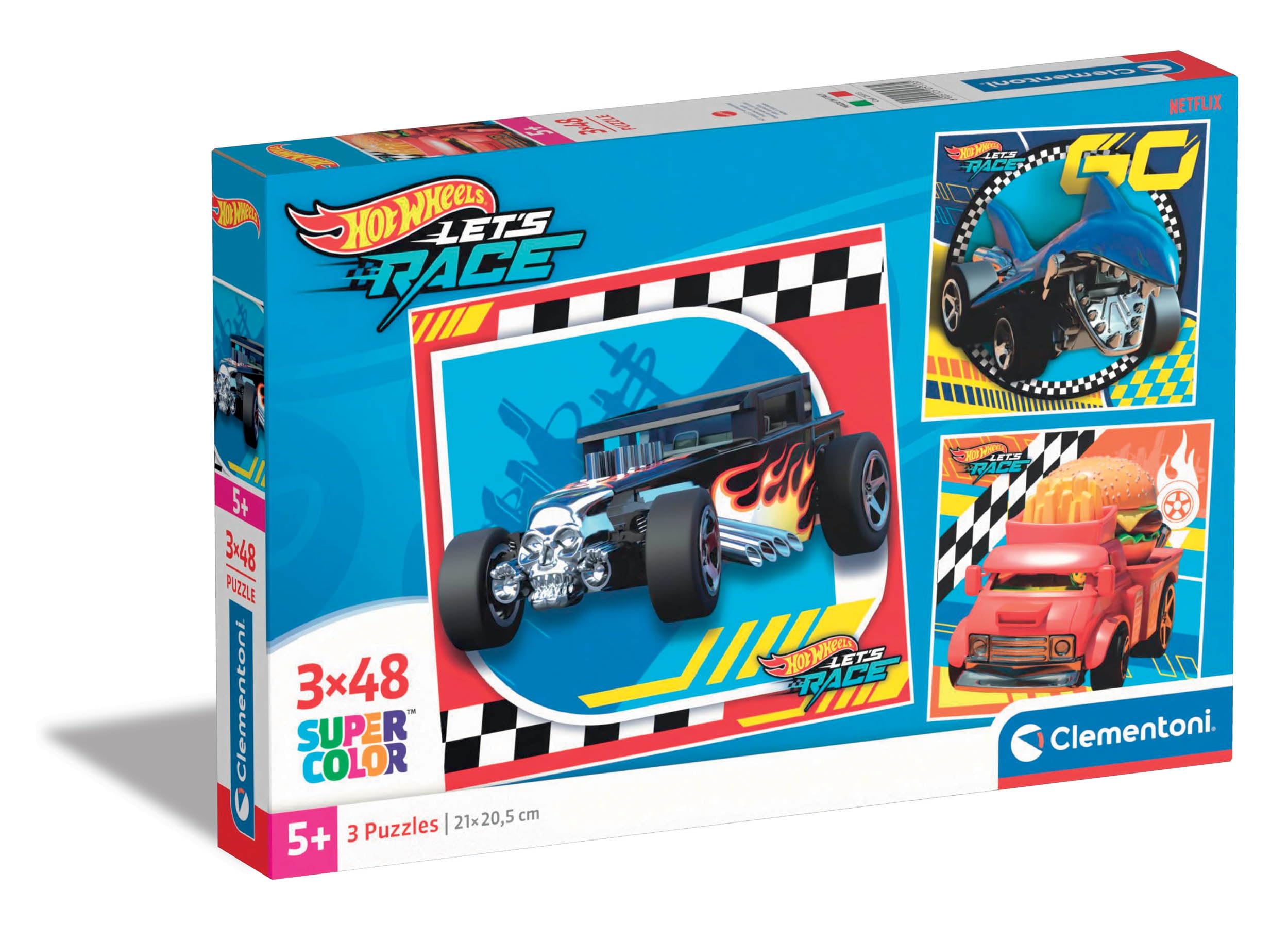 Clementoni - Hot Wheels Supercolor Wheels-3 x 48 (bevat 3 48 stuks) kinderen 5 jaar, cartoon-puzzel, Made in Italy, meerkleurig, 25313