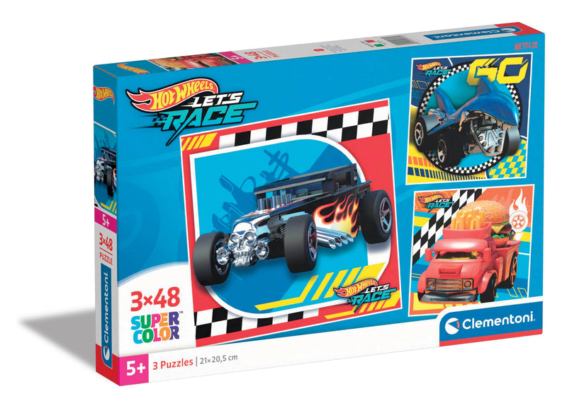 Clementoni - Hot Wheels Supercolor Wheels-3 x 48 (bevat 3 48 stuks) kinderen 5 jaar, cartoon-puzzel, Made in Italy, meerkleurig, 25313