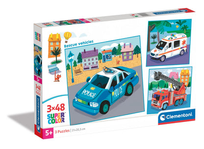 Clementoni - Supercolor Rescue Vehicles-3x48 (bevat 3 48 delen) kinderen 5 jaar, puzzelvoertuigen, afbeelding, Made in Italy, meerkleurig, 25318
