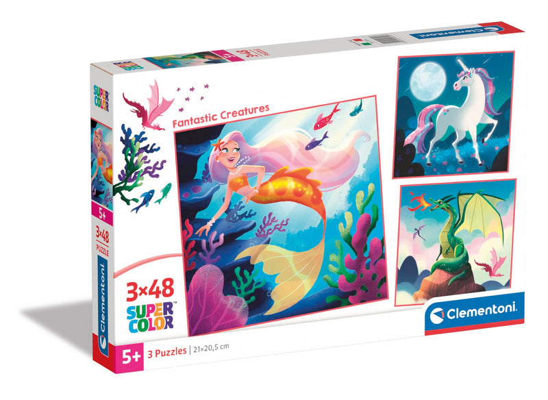 Clementoni - Supercolor Fantastic Creatures-3x48 (bevat 3 48 delen) kinderen 5 jaar, fantasiepuzzel, illustratie, Made in Italy, meerkleurig, 25319