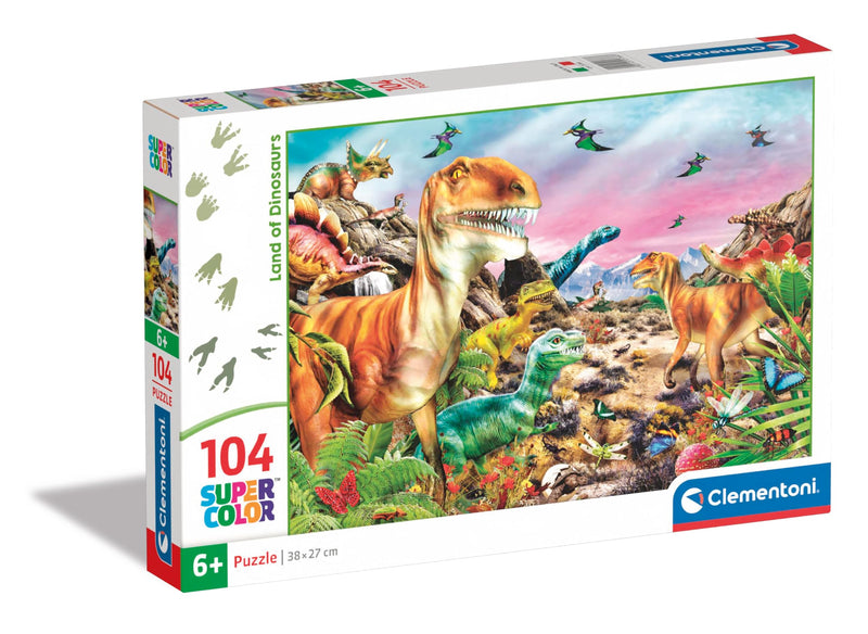 Clementoni 25768 Jigsaw Land of Dinosaurs 104 Pieces-Supercolor Children 6-8 Years, Cartoon, Gift for Boy/Girls, Puzzle for Kids, Made in Italy, Multicolor