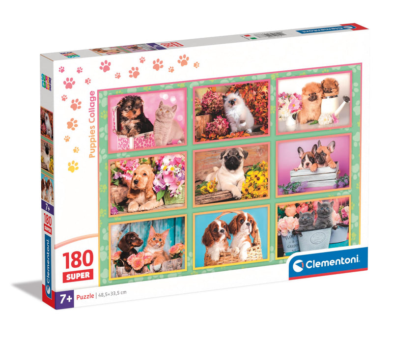 Clementoni 29788 Jigsaw Puppies Collage 180 Pieces-Supercolor Children 7-9 Years, Cartoon, Realistic, Animals, Gift for Boy/Girls, Puzzle for Kids, Made in Italy, Multicolor
