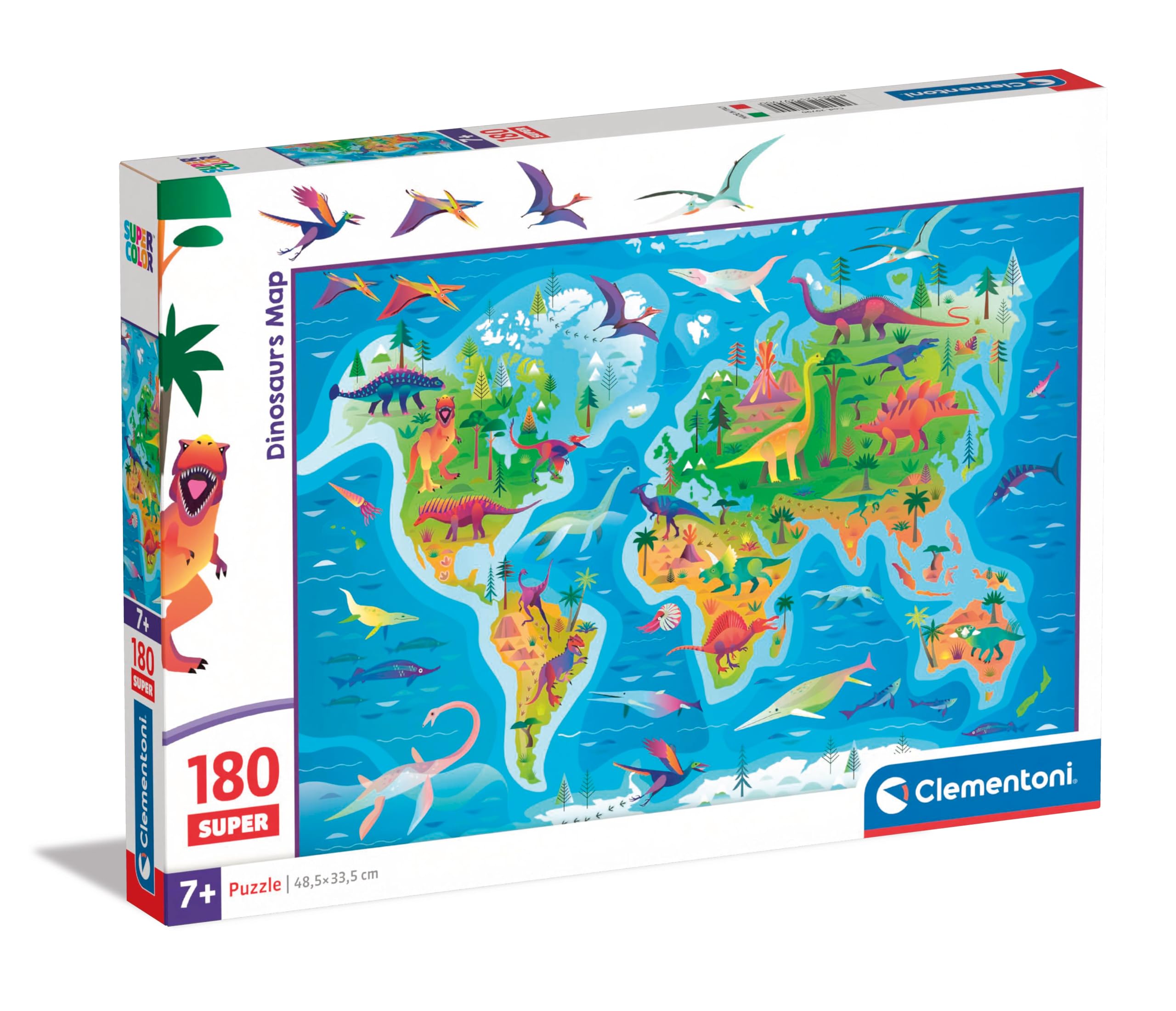 Clementoni Supercolor Dinosaurs Map Puzzle - Puzzle 180 Teile ab 7 Jahren - buntes Kinderpuzzle mit besonderer Leuchtkraft & Farbintensität - Geschicklichkeitsspiel für Kinder 29790