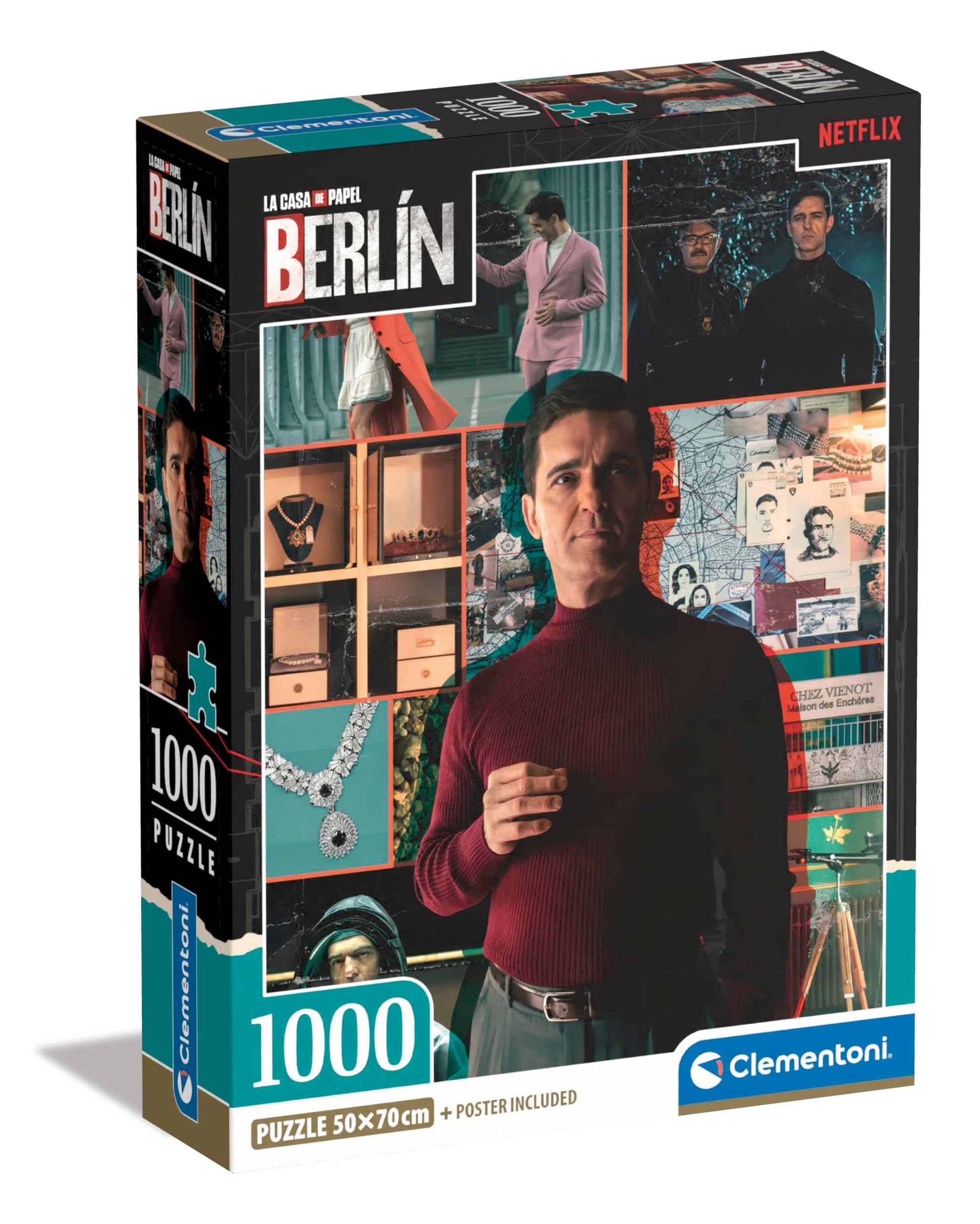 Clementoni 39849 Netflix Casa De Papel Berlin Jigsaw 1000 Pieces-Puzzle for Adults 14-99 Years, Poster Included, Gift for Men/Women, Series La Money Heist, Made in Italy, Multicolor