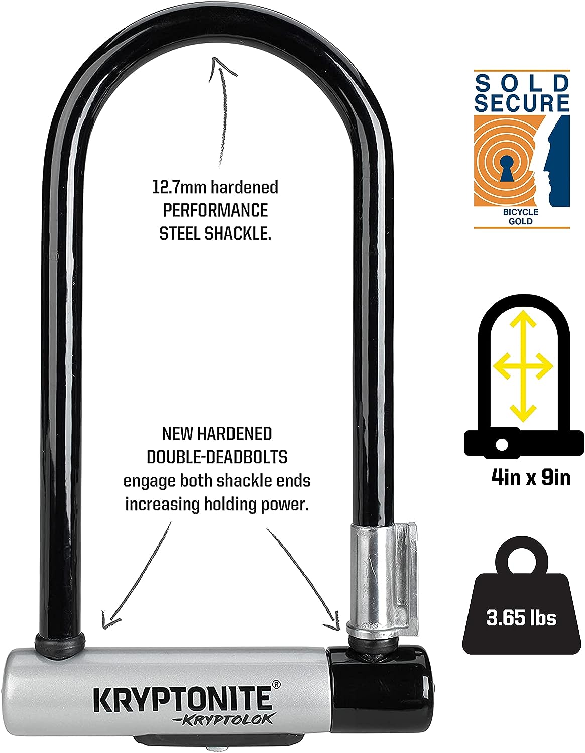 Kryptonite Kryptolok Standard U-Lock with 4 foot Kryptoflex cable Sold Secure Gold