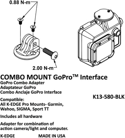 K-Edge Combo Mount Go-Pro Style Interface Adapter For: Garmin, Wahoo, Sigma Compatible