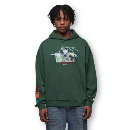 NEPTUN | Naruto Graphic Hoodie - Kakashi | Anime Kapuzenpullover aus Baumwolle, Bestickt, mit Patches, Unisex, Oversize Fit M Grün