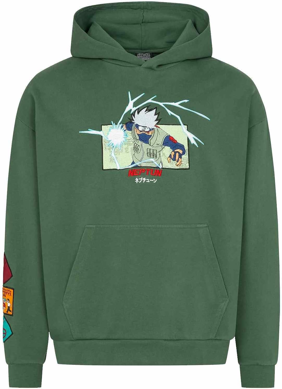 NEPTUN | Naruto Graphic Hoodie - Kakashi | Anime Kapuzenpullover aus Baumwolle, Bestickt, mit Patches, Unisex, Oversize Fit M Grün
