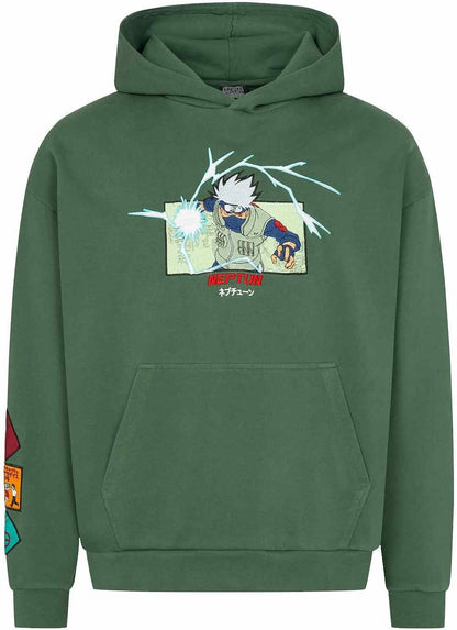 NEPTUN | Naruto Graphic Hoodie - Kakashi | Anime Kapuzenpullover aus Baumwolle, Bestickt, mit Patches, Unisex, Oversize Fit M Grün