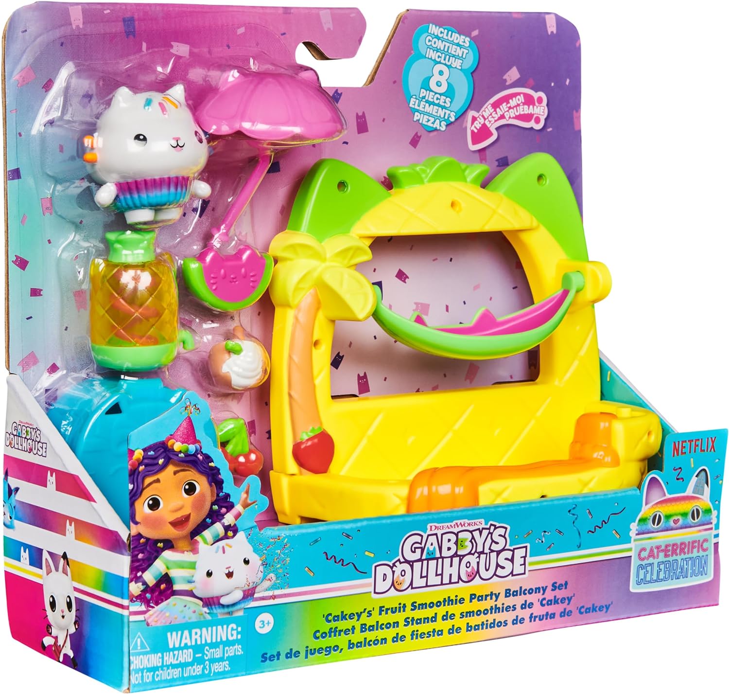 LA CASA DE MUÑECAS DE GABBY - BALCÓN FIESTA DE BATIDOS DE FRUTA 'CAKEY' GABBY'S DOLLHOUSE, FIGURA CAKEY Y ACCESORIOS CASA DE MUÑECAS - 6071359 - Juguetes Niñas 3 años + - Regalo Niña 3 años +