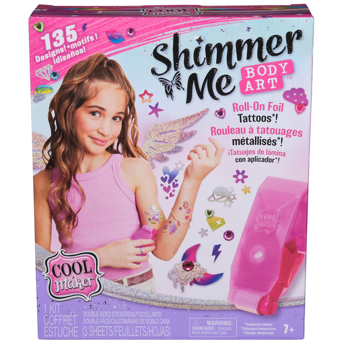 Cool MAKER - SHIMMER ME BODY ART - KIT TATUAJES TEMPORALES NIÑAS: 3 Hojas de Calcomanías con 135 Diseños de Tatuajes Metalizados, Rodillo Aplicador y Gemas para Decorar - Regalos Niñas 7 años +