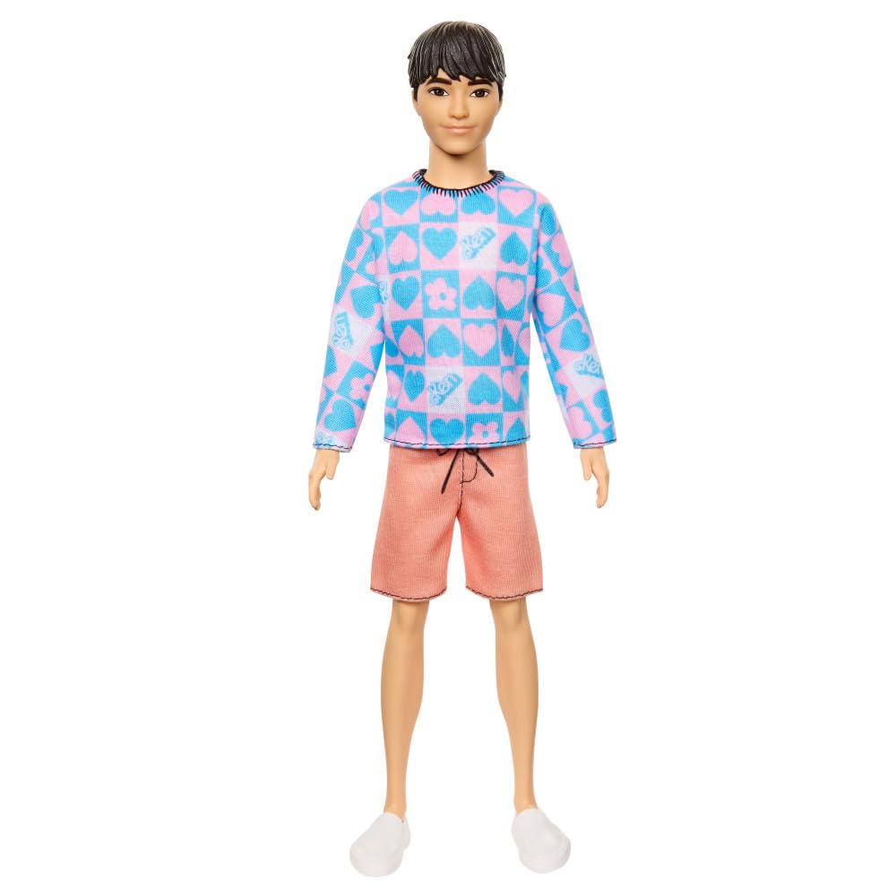 Barbie Fashionistas Ken Doll #219 with Slender Body Wearing a Removable Long-Sleeve Pink & Blue Patterned Shirt & Pink Shorts, HRH24