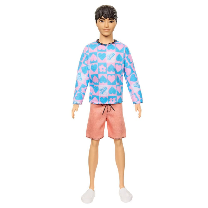 Barbie Fashionistas Ken Doll #219 with Slender Body Wearing a Removable Long-Sleeve Pink & Blue Patterned Shirt & Pink Shorts, HRH24
