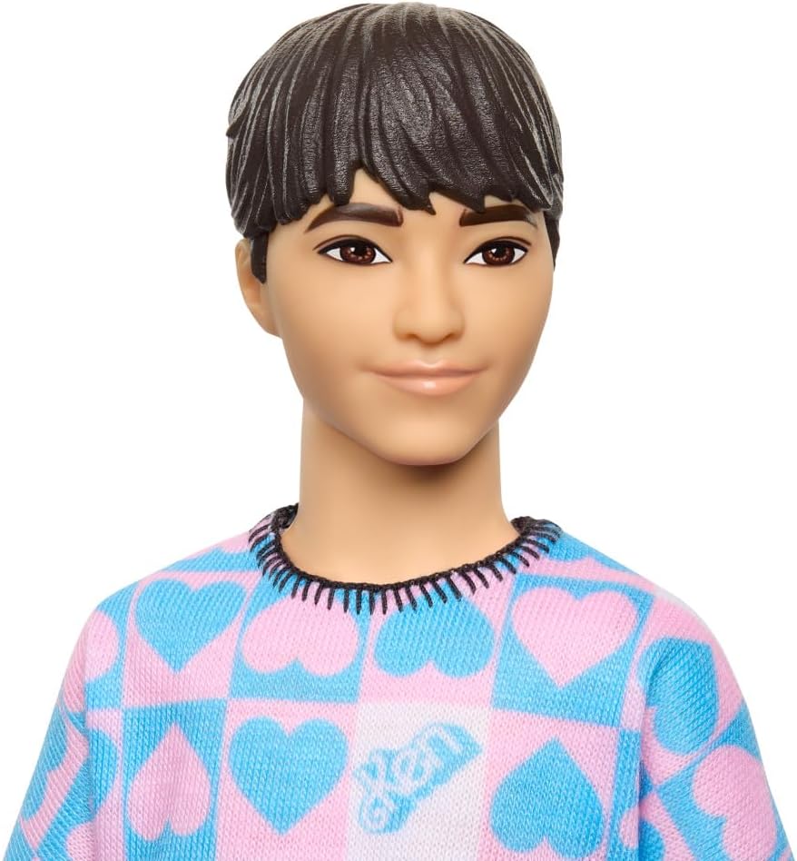 Barbie Fashionistas Ken Doll #219 with Slender Body Wearing a Removable Long-Sleeve Pink & Blue Patterned Shirt & Pink Shorts, HRH24
