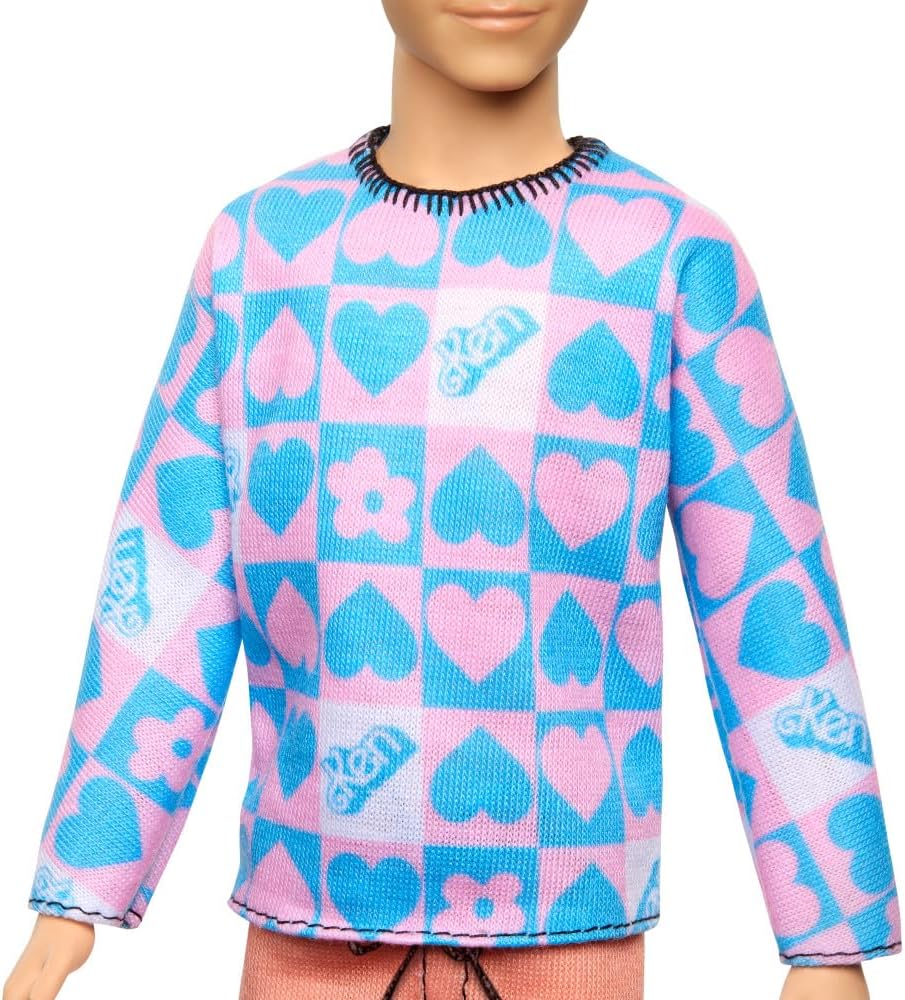 Barbie Fashionistas Ken Doll #219 with Slender Body Wearing a Removable Long-Sleeve Pink & Blue Patterned Shirt & Pink Shorts, HRH24