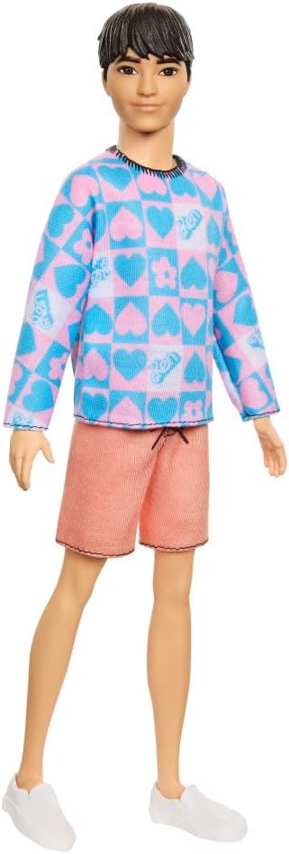 Barbie Fashionistas Ken Doll #219 with Slender Body Wearing a Removable Long-Sleeve Pink & Blue Patterned Shirt & Pink Shorts, HRH24