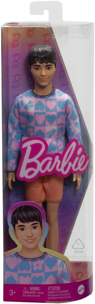 Barbie Fashionistas Ken Doll #219 with Slender Body Wearing a Removable Long-Sleeve Pink & Blue Patterned Shirt & Pink Shorts, HRH24