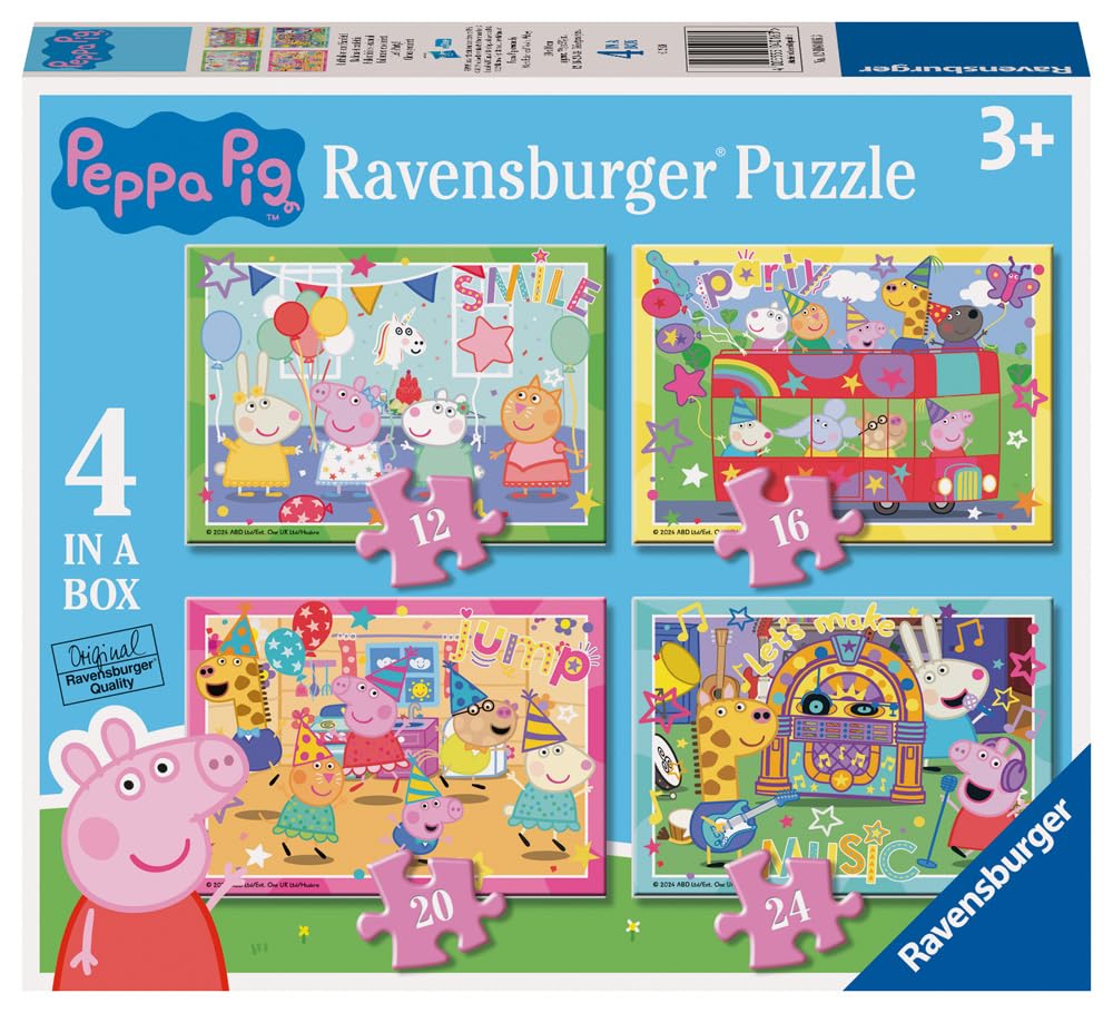 Ravensburger 12004016 Peppa Pig Toys for 3 Year Olds-4 in a Box Jigsaw Puzzles-12, 16, 20, 24 Piece-2024 Edition, Multicolour, One Size