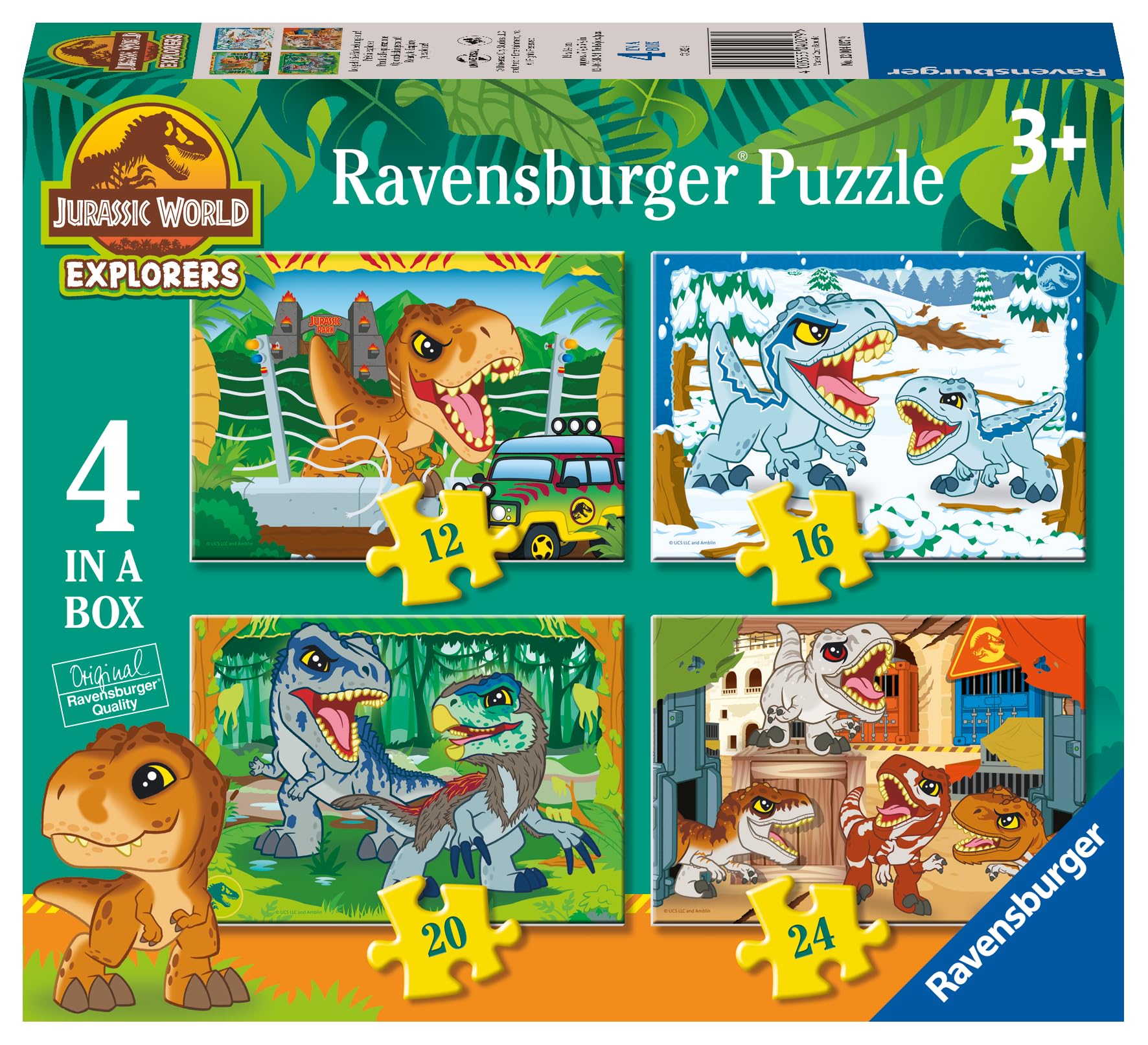 Ravensburger 12004027 Jurassic World Toys (Explorers) 4 in a Box Jigsaw Puzzles for Kids Age 3 Years Up-12, 16, 20, 24 Pieces, Multicolour, One Size