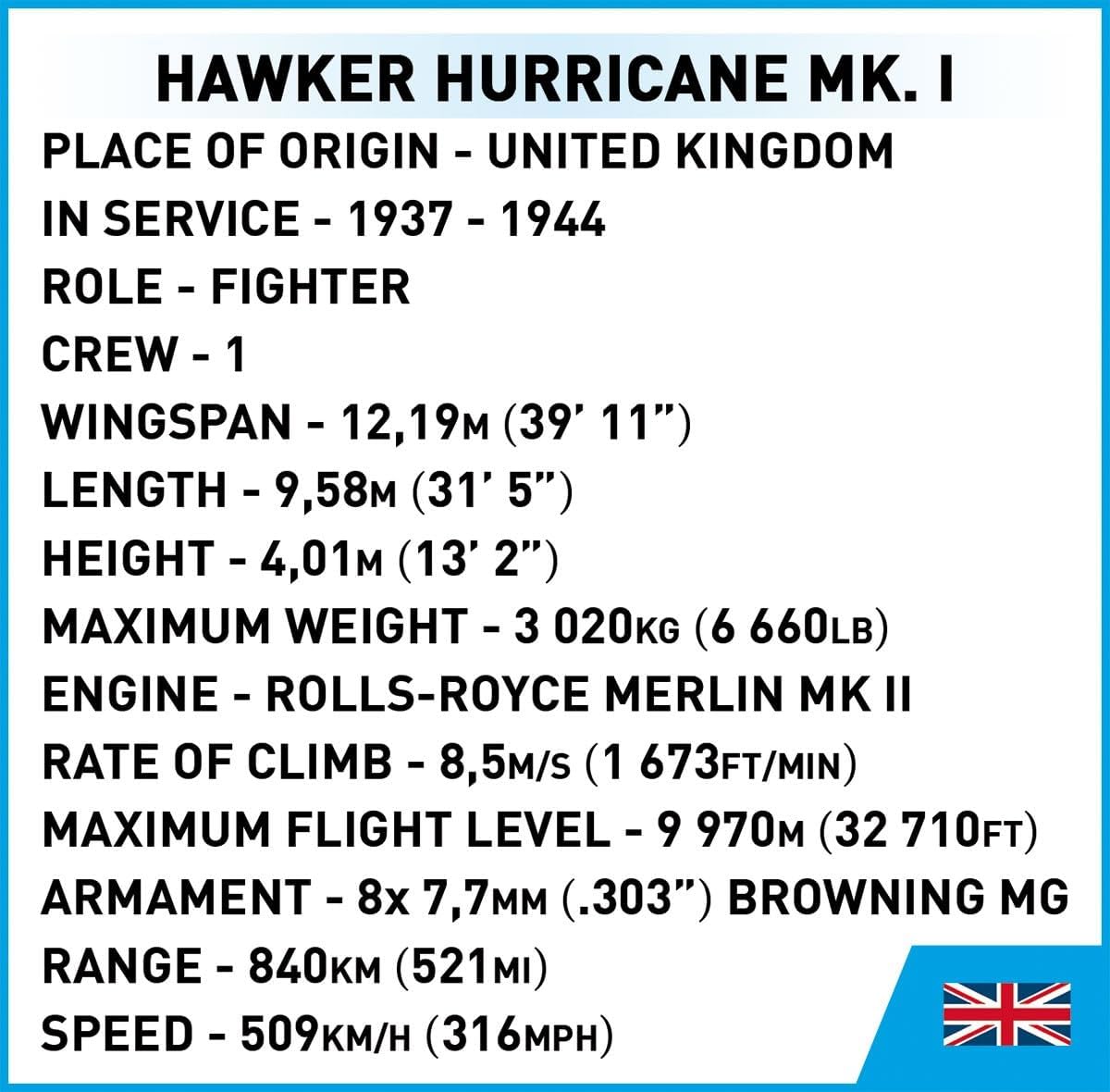 COBI Hawker Hurricane Mk. I, 8 inches x 10 inches x 3.5 inches