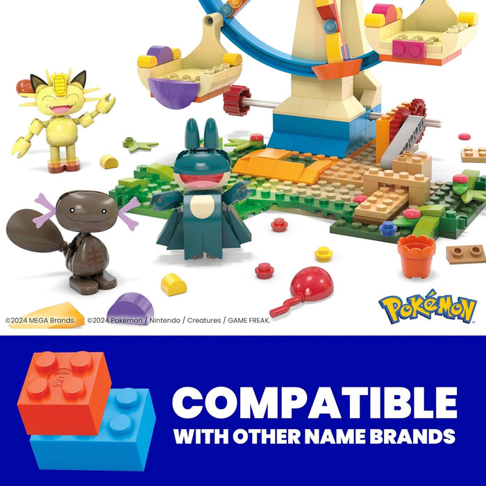 MEGA Pokémon Diversión en la noria Set de construcción con figuras de acción con 4 personajes (Sprigatito, Munchlax, Meowth y Wooper), 393 bloques de construcción, juguete +8 años (HXF80