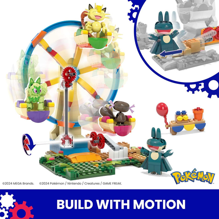 MEGA Pokémon Diversión en la noria Set de construcción con figuras de acción con 4 personajes (Sprigatito, Munchlax, Meowth y Wooper), 393 bloques de construcción, juguete +8 años (HXF80