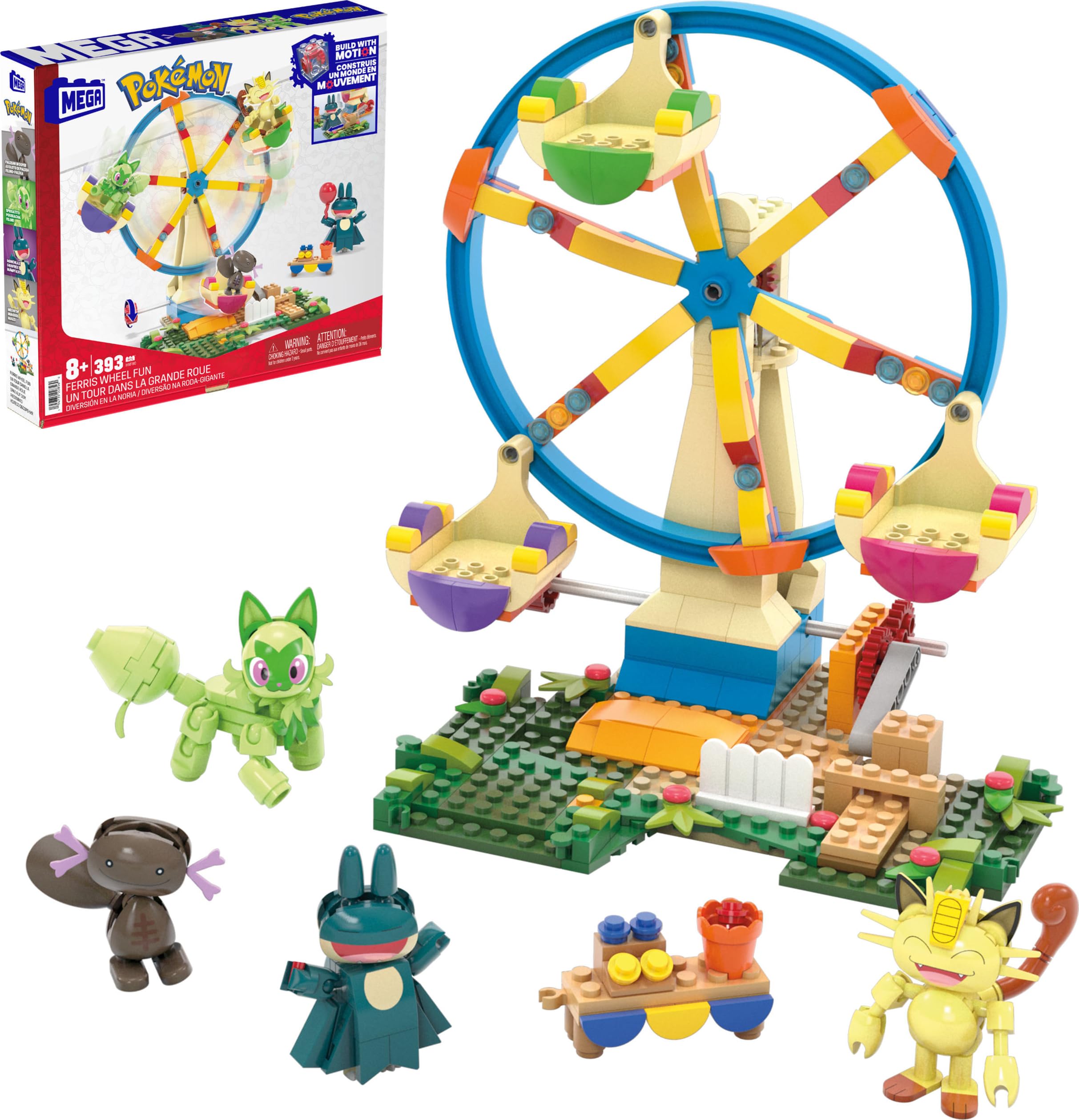 MEGA Pokémon Diversión en la noria Set de construcción con figuras de acción con 4 personajes (Sprigatito, Munchlax, Meowth y Wooper), 393 bloques de construcción, juguete +8 años (HXF80