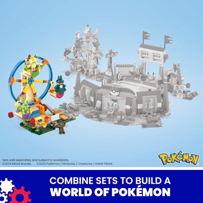 MEGA Pokémon Diversión en la noria Set de construcción con figuras de acción con 4 personajes (Sprigatito, Munchlax, Meowth y Wooper), 393 bloques de construcción, juguete +8 años (HXF80