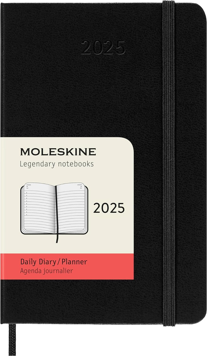 Moleskine Daily Planner, 12-Month Daily Agenda 2025, HardCover and Elastic Closure, Black Color, Pocket Format 9x14 cm Hard Cover Pocket Black
