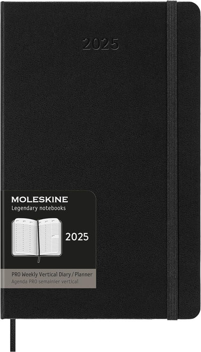 Moleskin Weekly Planner, Vertical Pro 12-Month Agenda 2025, HardCover and Elastic Closure, Black Color, Large Format 13x21 cm