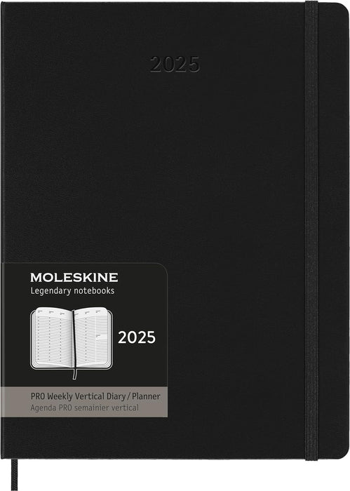 Moleskine Weekly Planner, Vertical Pro 12-Month Agenda 2025, HardCover and Elastic Closure, Black Color, ExtraLarge Format 19x25 cm