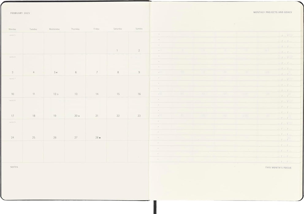 Moleskine Weekly Planner, Vertical Pro 12-Month Agenda 2025, HardCover and Elastic Closure, Black Color, ExtraLarge Format 19x25 cm