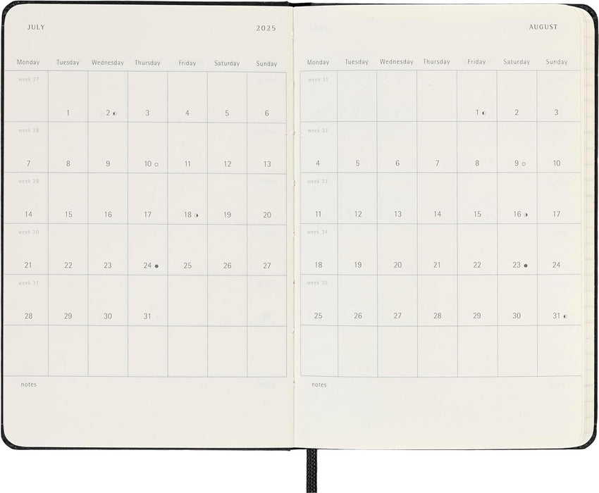 Moleskine Weekly Planner, Weekly Agenda with Space for Notes 12 Months 2025, Hard Cover and Elastic Closure, Black Color, Pocket Format 9x14 cm