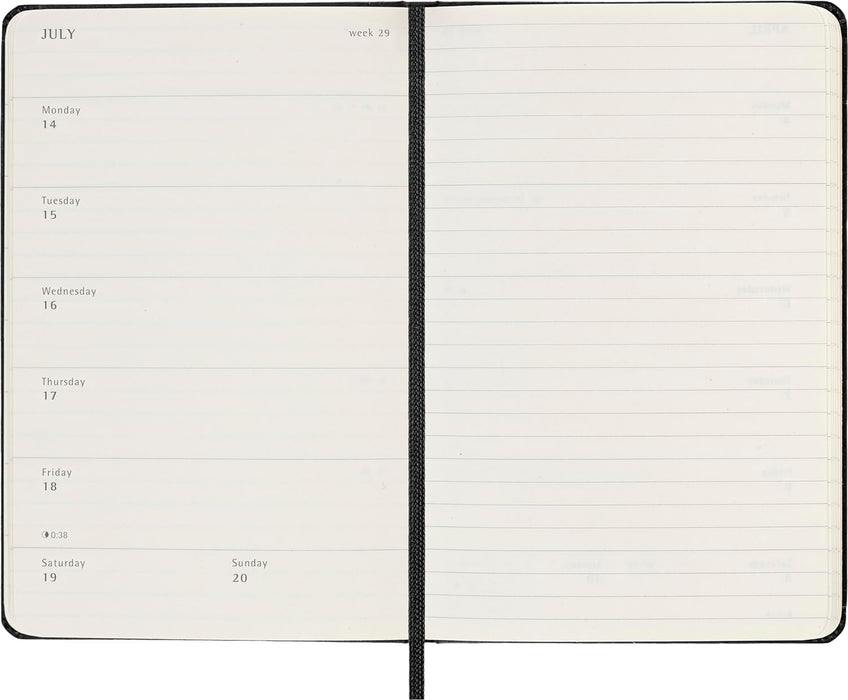 Moleskine Weekly Planner, Weekly Agenda with Space for Notes 12 Months 2025, Hard Cover and Elastic Closure, Black Color, Pocket Format 9x14 cm