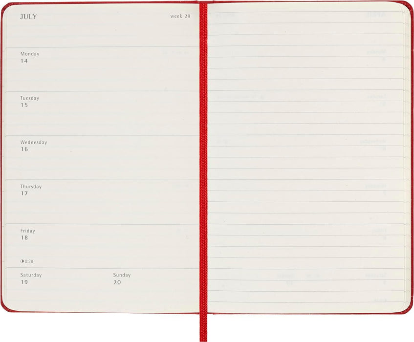 Moleskine Weekly Planner, Weekly Agenda with Space for Notes 12 Months 2025, Hard Cover and Elastic Closure, Scarlet Red Color, Pocket Format 9x14 cm