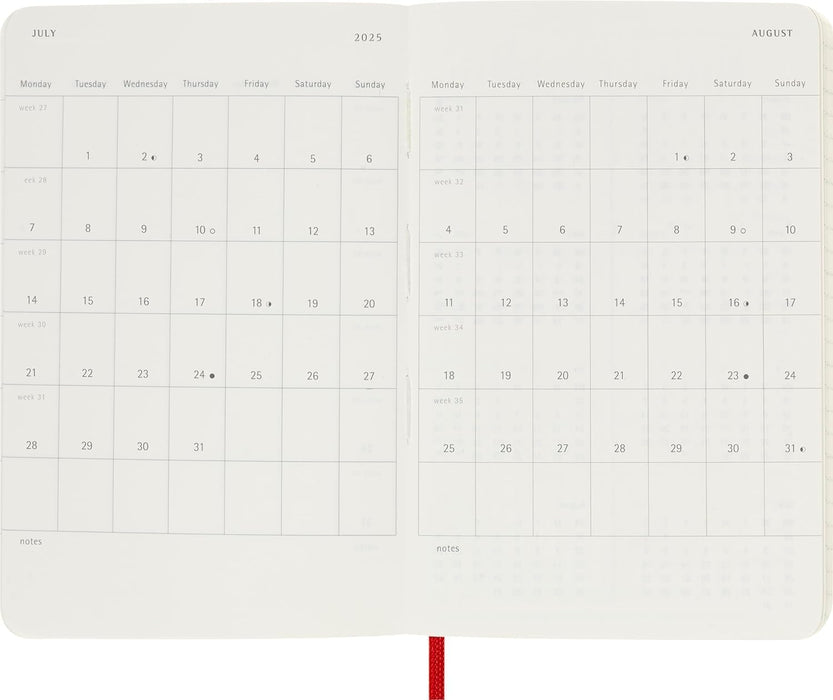 Moleskine Weekly Planner, Weekly Agenda with Space for Notes 12 Months 2025, Soft Cover and Elastic Closure, Scarlet Red Color, Pocket Format 9x14 cm