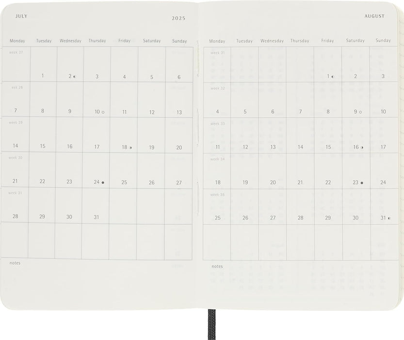 Moleskine Weekly Planner, Horizontal 12-Month 2025 Agenda, SoftCover and ElasticClosure, BlackColor, PocketFormat 9x14 cm