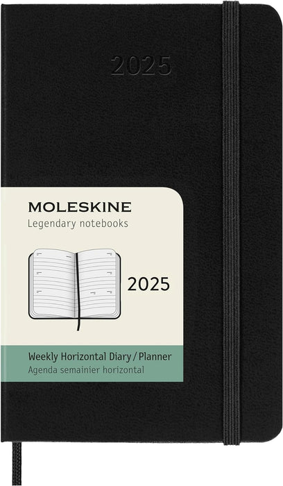 Moleskine Weekly Planner, Horizontal 12-Month 2025 Agenda, HardCover and Elastic Closure, Black Color, Pocket Format 9x14 cm