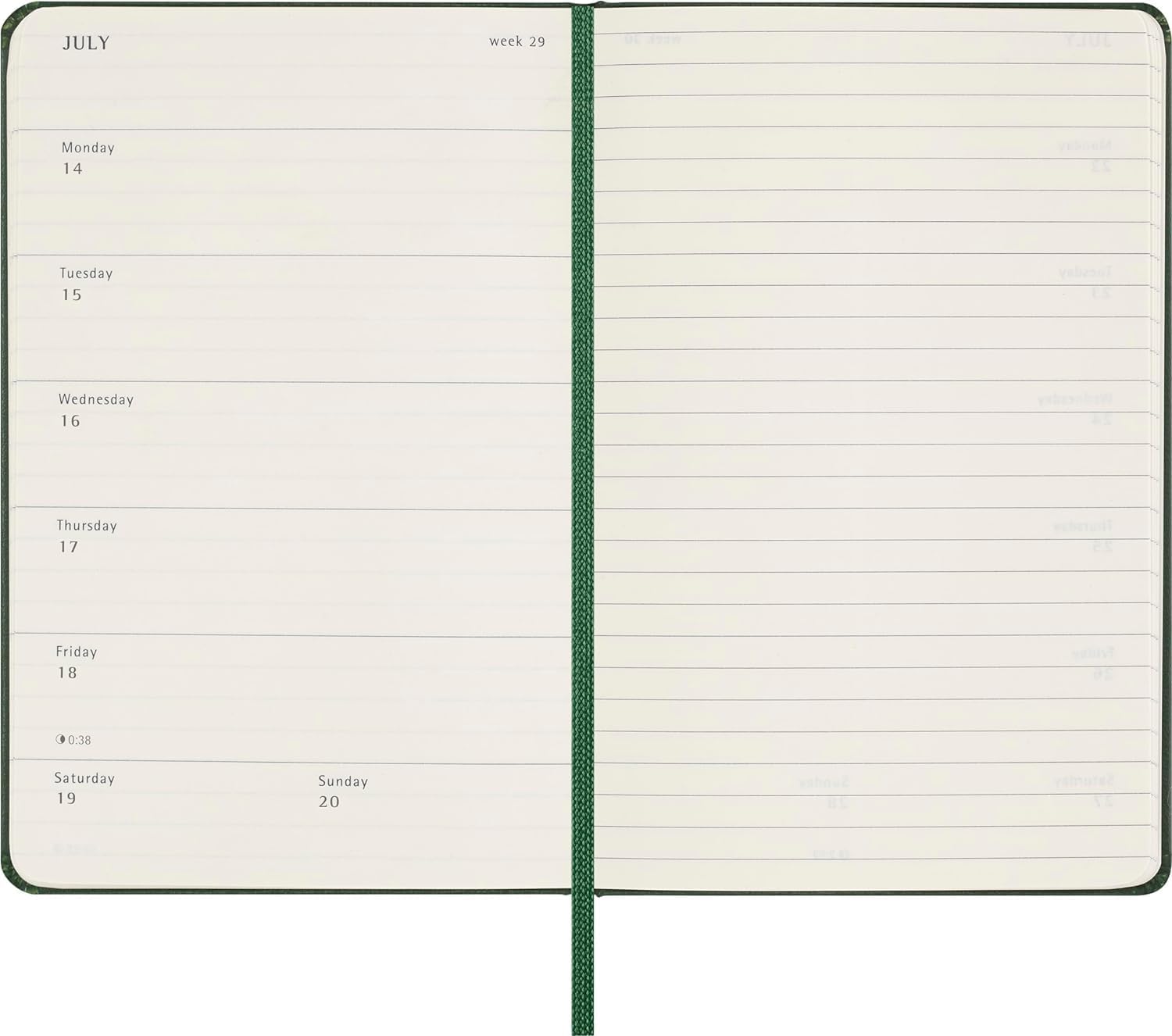 Moleskine Weekly Planner, Weekly Agenda with Space for Notes 2025, Hard Cover and Elastic Closure, Myrtle Green Color, Pocket Format 9x14 cm Hard Cover Pocket Myrtle Green