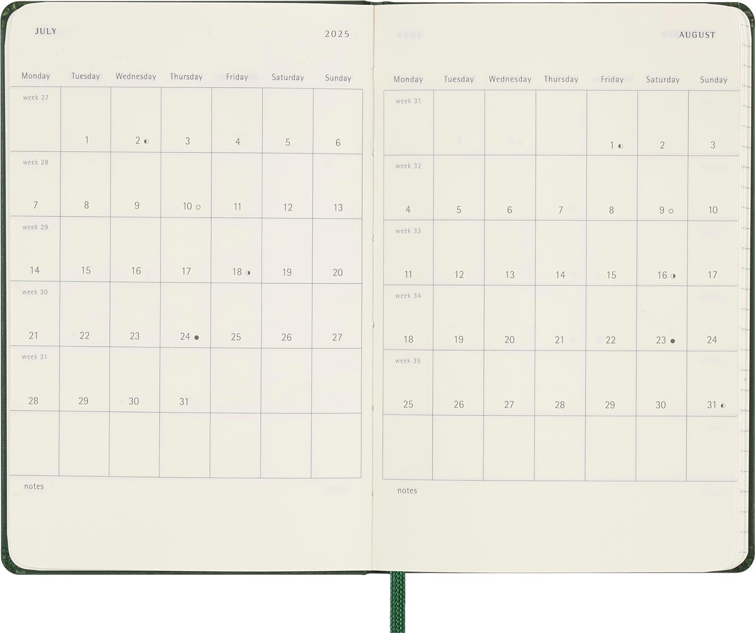 Moleskine Weekly Planner, Weekly Agenda with Space for Notes 2025, Hard Cover and Elastic Closure, Myrtle Green Color, Pocket Format 9x14 cm Hard Cover Pocket Myrtle Green