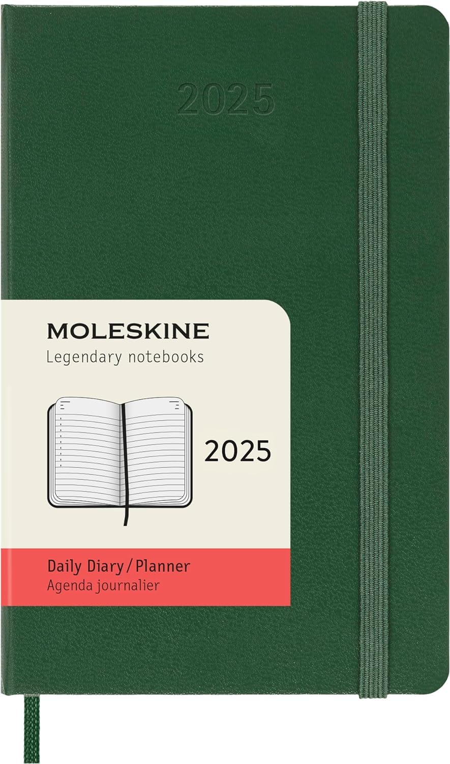 Moleskine Daily Planner, 12-Month Daily Agenda 2025, Hard Cover and Elastic Closure, Myrtle Green Color, Pocket Format 9x14 cm Hard Cover Pocket Myrtle Green