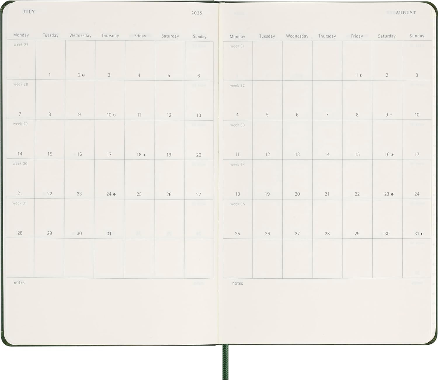 Moleskine Daily Planner, 12-Month Daily Agenda 2025, Hard Cover and Elastic Closure, Myrtle Green Color, Large Format 13x21 cm Hard Cover Large Myrtle Green