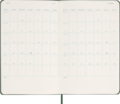 Moleskine Daily Planner, 12-Month Daily Agenda 2025, Hard Cover and Elastic Closure, Myrtle Green Color, Large Format 13x21 cm Hard Cover Large Myrtle Green
