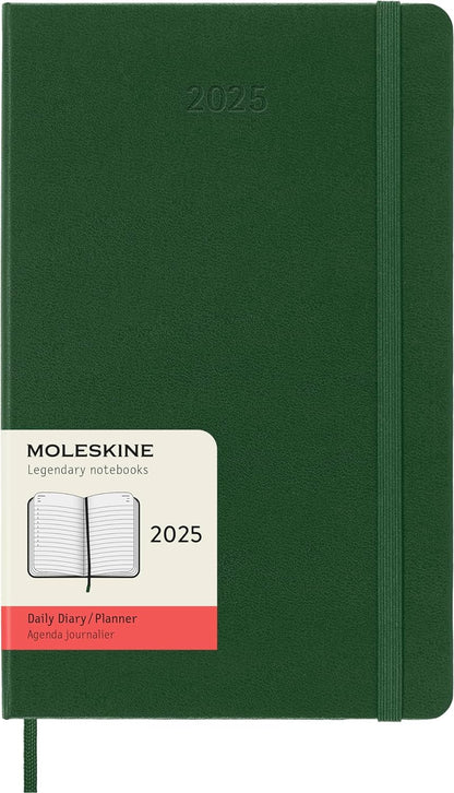 Moleskine Daily Planner, 12-Month Daily Agenda 2025, Hard Cover and Elastic Closure, Myrtle Green Color, Large Format 13x21 cm Hard Cover Large Myrtle Green