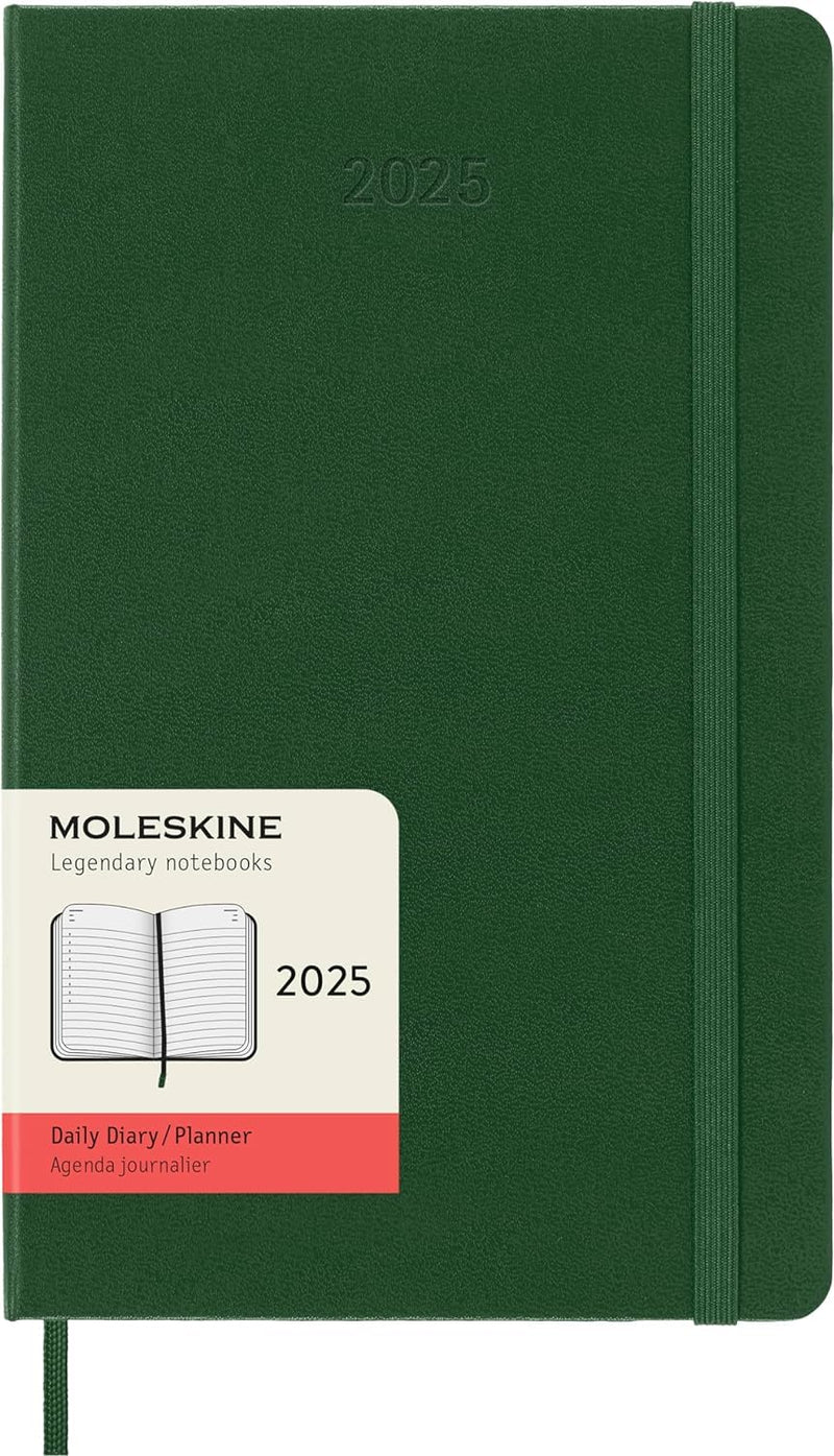 Moleskine Daily Planner, 12-Month Daily Agenda 2025, Hard Cover and Elastic Closure, Myrtle Green Color, Large Format 13x21 cm Hard Cover Large Myrtle Green