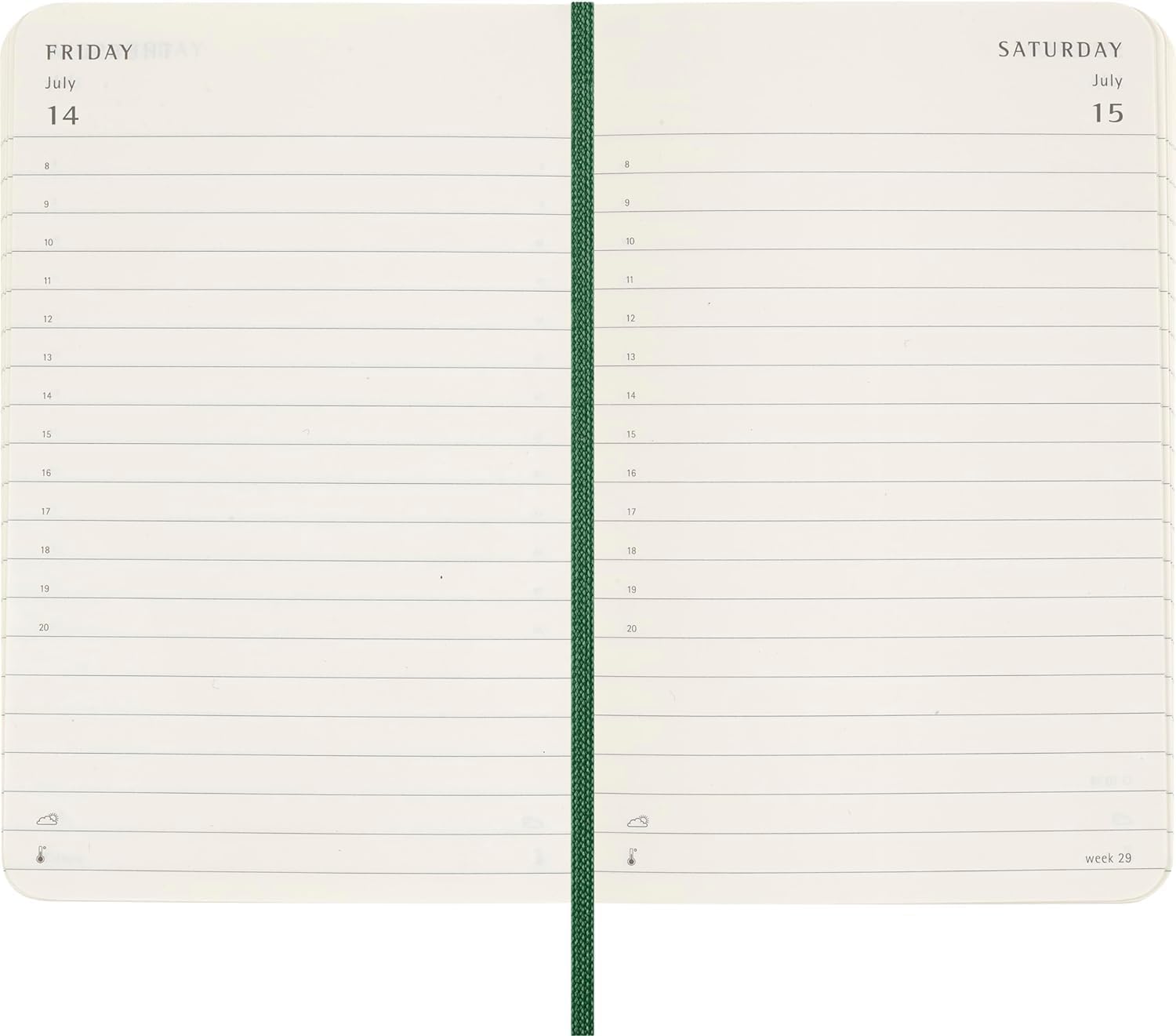 Moleskine Daily Planner, 12 Monate Tagesplaner 2025, Weicher Einband und Elastischer Verschluss, Farbe MyrtenGrün, TaschenFormat 9x14 cm