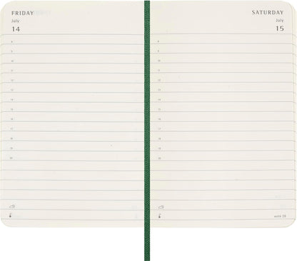 Moleskine Daily Planner, 12 Monate Tagesplaner 2025, Weicher Einband und Elastischer Verschluss, Farbe MyrtenGrün, TaschenFormat 9x14 cm
