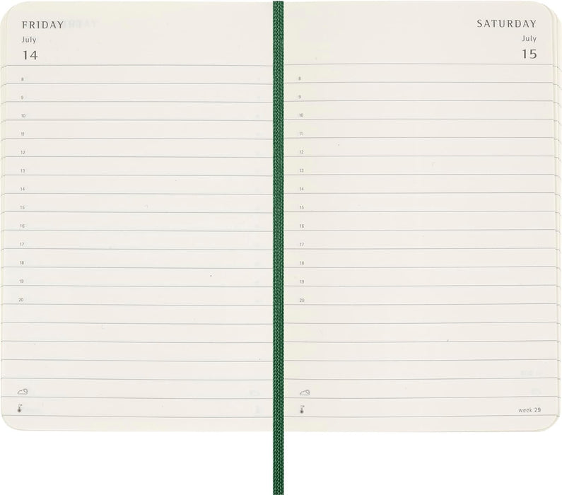 Moleskine Daily Planner, 12 Monate Tagesplaner 2025, Weicher Einband und Elastischer Verschluss, Farbe MyrtenGrün, TaschenFormat 9x14 cm