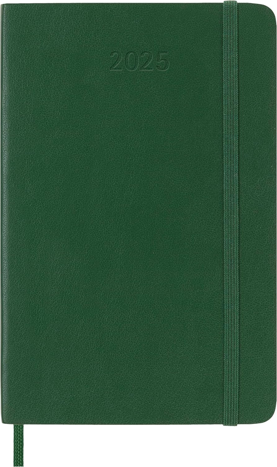 Moleskine Daily Planner, 12 Monate Tagesplaner 2025, Weicher Einband und Elastischer Verschluss, Farbe MyrtenGrün, TaschenFormat 9x14 cm